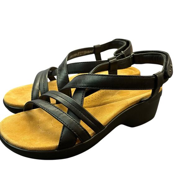 Clarks Artisan Black Leather Sandals Women's 8M Strappy Comfort Dressy Wedge Low - Picture 5 of 13
